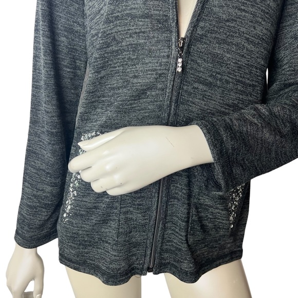 On Que Casuals Charcoal Heather Gray Zip up Hoodie with Rhinestone front pockets - Picture 5 of 11